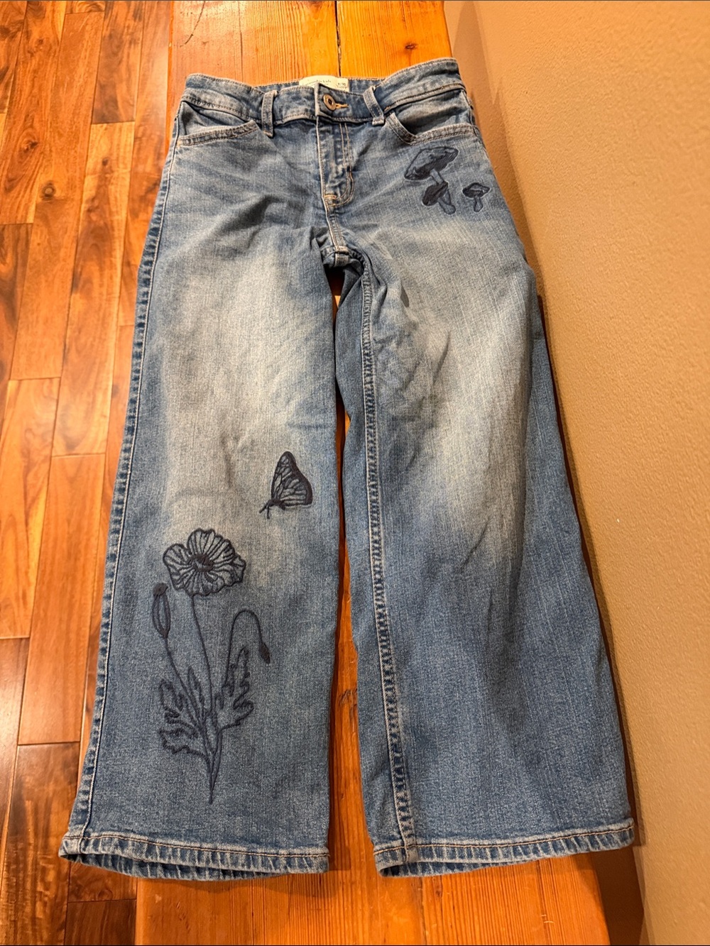 abercrombie kids Light Blue Wide-Leg Jeans with Floral & Butterfly Embroidery